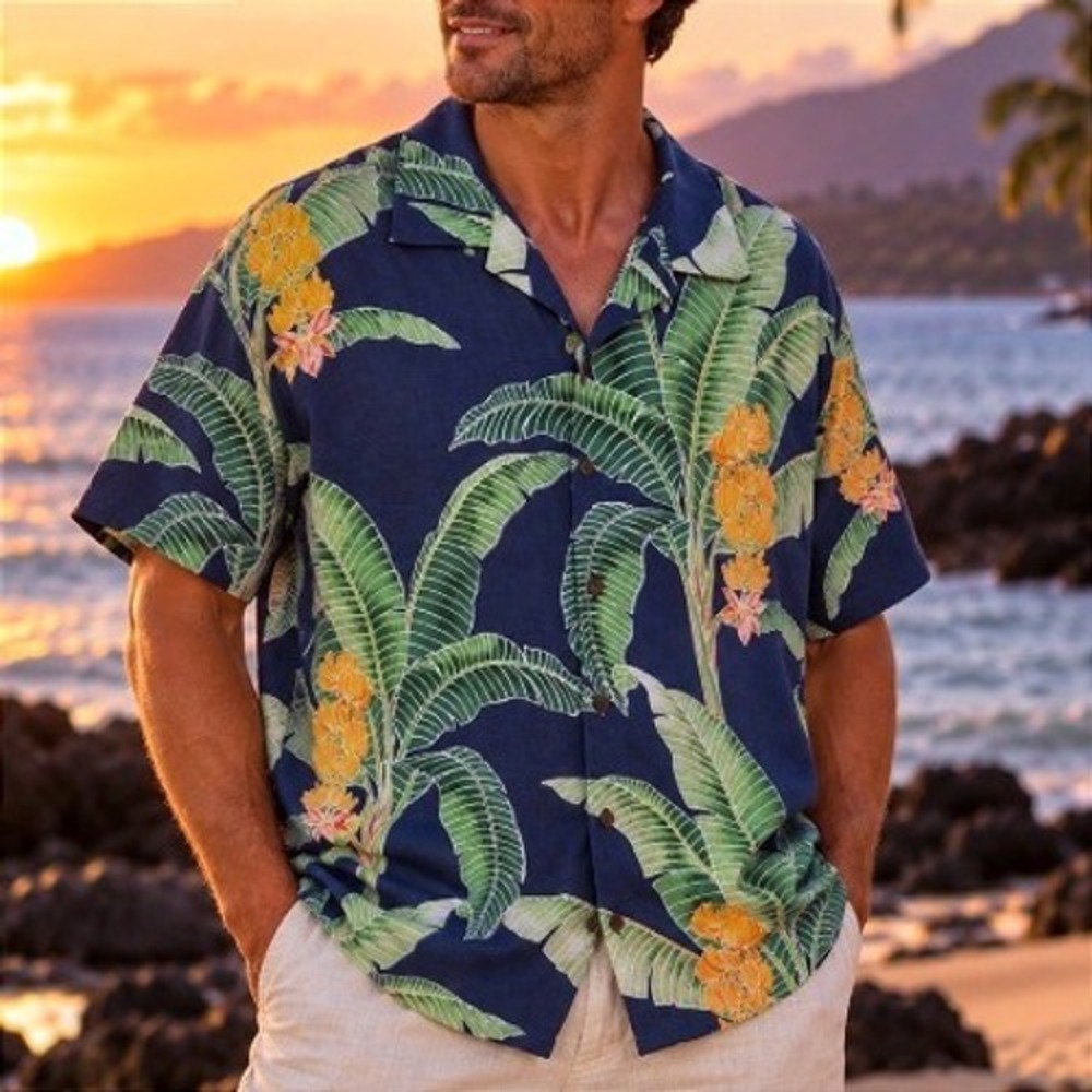 Tommy Bahama 100% Heavy Silk Hawaiian Banana Tropical Button Up Camp Shirt XL